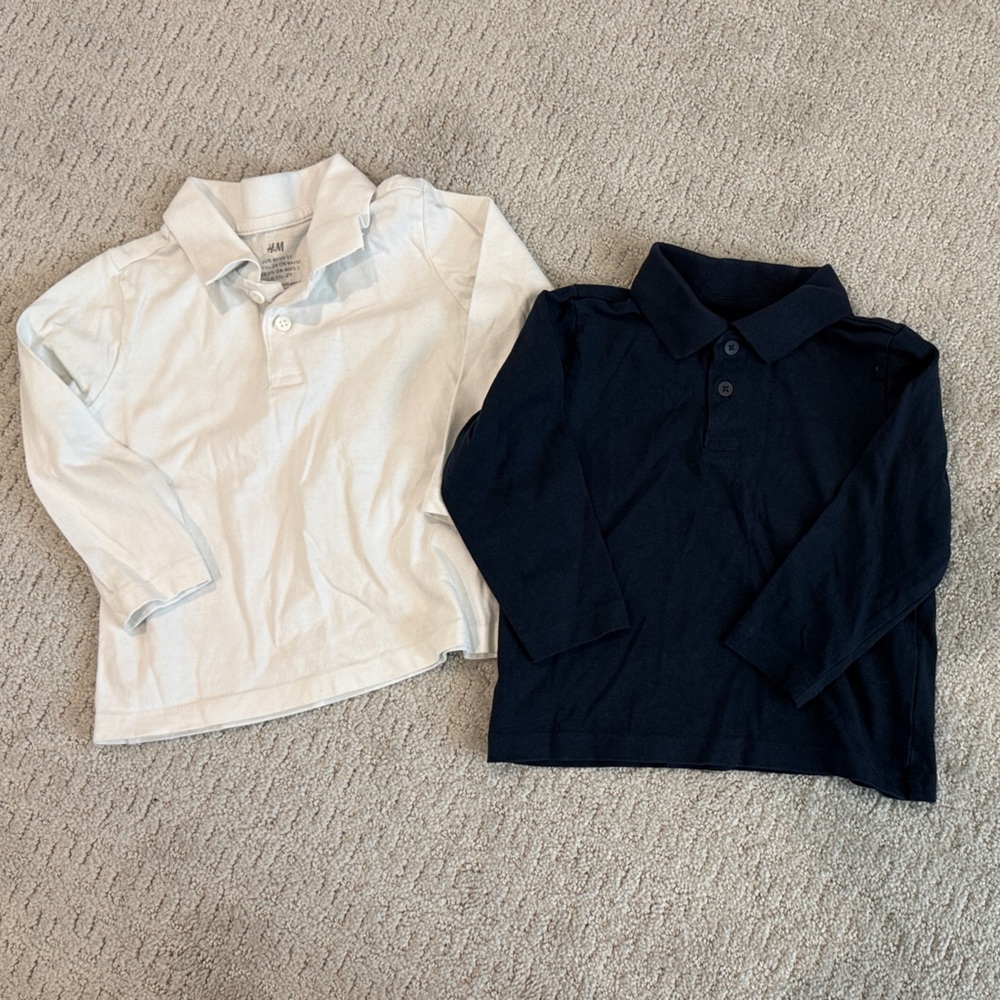 H&M White and Navy Long-Sleeve Polo Tops